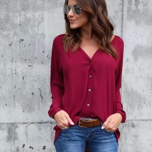 Tops - Long Burgundy Sleeve Button Down Blouse